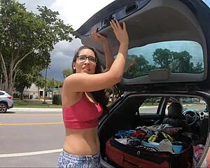 Some hardcore action has hippy teen fixed her car in the garage