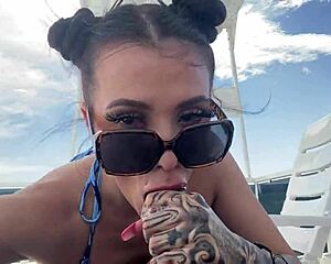 Sloppy blowjob and tattooed partner couple gets horny and consumes hardcore sex on a boat