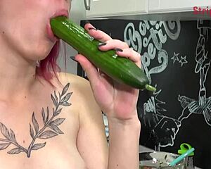 Olivia's kitchen shenanigans with a cucumber: A blowjob and more