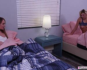 These blonde teen cheerleaders are licking shaved pussy passionately.