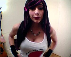 a 19-year-old emo girl with big boobs plays a game, flashing downblouse