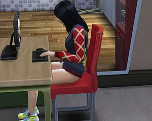 Girl masturbates in front of a porn video