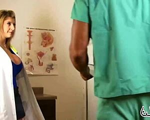 A doctor with spectacular breasts and named Sara Jay gives a patient a hardcore blowjob and handjob in a hospital
