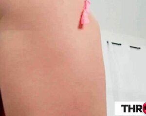 watch this luscious blonde babe get her throat pounded in lingerie