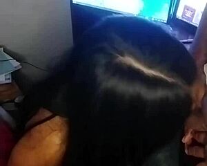 Latina slut sucks dick while pervert masturbates