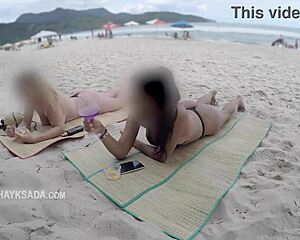 hot wife asks seller for sunscreen on beach