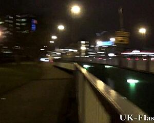 blonde babe flashes lingerie outdoors for voyeur