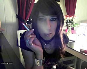 Goth Tranny Chills, Smokes, and Strokes Her Cock So Damn Sexy!