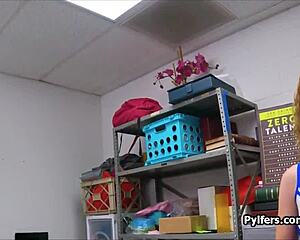 A curly-haired cheerleader sneaks into the office for a blowjob encounter.