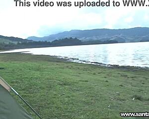 santalatina two friends try lesbian adventure in tent, but boyfriend discovers them