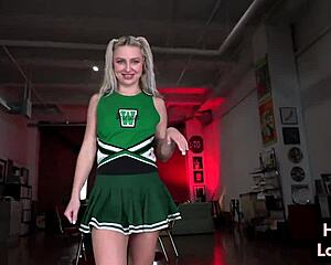 Small boobed cheerleader gives handjob and jerks off in POV