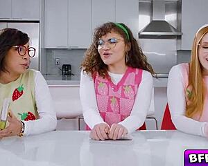 harper red, naudi nala, and ozzy sparx start feeling those big desires, licking and fingering in college fun.