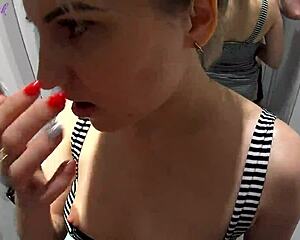 fitting room sex with consultant ends in cum swallow