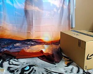 Unboxing wish list gift from amazon with tall redhead