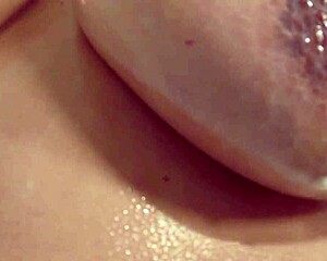 Shione Cooper, voluptuous mature girl breastfeeding on her nipples and ejaculating on her boobs