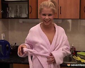 cutie teases with dildo in kitchen starring cherry e