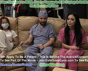 Dr. Stacy Shepard embarrasses a fresh Hooters recruit Blaire Celeste by putting her through a humiliating medical exam prior to her being hired by GirlsGoneGyno.com