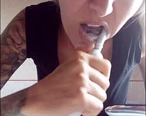 To fill her mouth with toothpaste is one of Chantal's oral hygiene routine