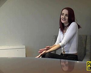 Skinny Redhead Submissive Deepthroats in Fetish Scene