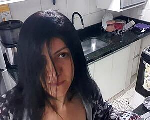 Sensual Latina Masturbates Big Tits in Kitchen!