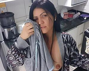 Sensual Latina Masturbates Big Tits in Kitchen!