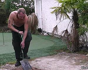 The blonde voluptuous woman gives him a blowjob then he penetrates her
