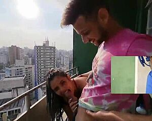 Interracial Threesome Fucks on Balcony!