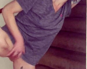 wife rubbing pussy on stairs, shaved and tattooed