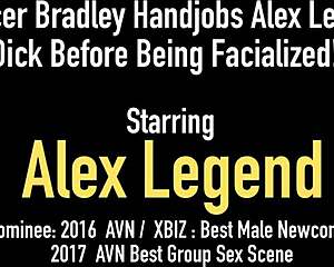 Alex Legend takes a hardcore facial from Spencer Bradley's sensual handjob on his massive cock!