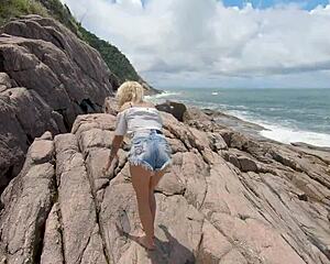 Latina and blonde milfs enjoy outdoor masturbation by the sea