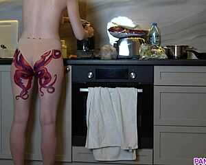naked housewife with octopus tattoo on ass cooks dinner in kitchen and ignores you