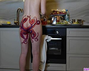 naked housewife with octopus tattoo on ass cooks dinner in kitchen and ignores you
