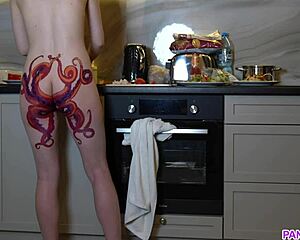 naked housewife with octopus tattoo on ass cooks dinner in kitchen and ignores you