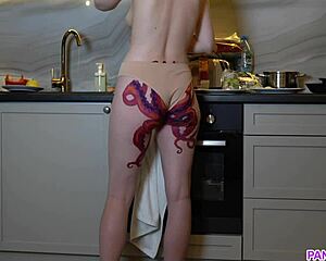 naked housewife with octopus tattoo on ass cooks dinner in kitchen and ignores you