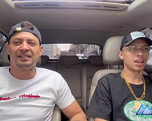 Two muslim men licking tongue. Bisexual fun with black twink and his straight Uber driver