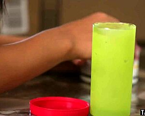 Gina Valentina, the cute brunette, experiences her first blowbang with five big cocks.