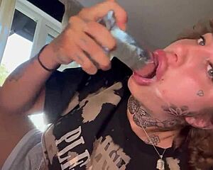 Inked girl receives intense blowjob until she gets super excited by a dildo