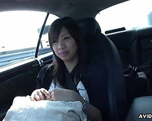 Japanese brunette Karin Asahi gives a public uncensored cock sucking blowjob