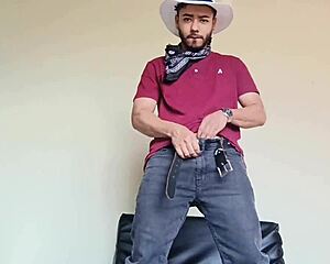 Young man strips naked and cums hotly.