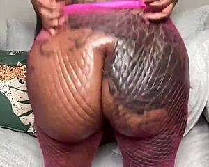 Pink Fishnets Twerk Tease with Oiled Ebony Big Ass