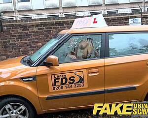 Fake driving school teen learner with hairy pussy gets a sticky creampie. She moans in POV ecstasy