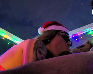 teen with tattoo gives sloppy blowjob creampie on christmas