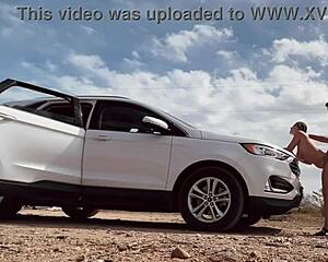 Risky roadside sex with a hot blonde flashing her bare assets outdoors.