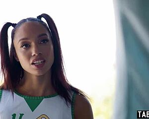 The surprise is that the ebony teen petite cheerleader Alexis Tae approaches her boyfriend with a blowjob on his stepdad's massive tool