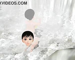Anime girl tries mixed bath in hot spring without towel.