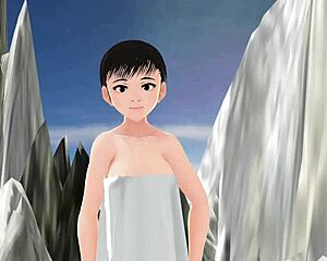 Anime girl tries mixed bath in hot spring without towel.