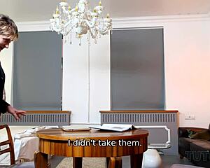 mature teacher with short hair gives blowjob to young man in tutor4k.