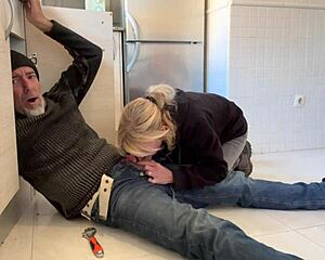 Hot wife blows plumber in kitchen!