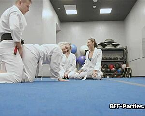 Intense foursome with horny teens during martial arts