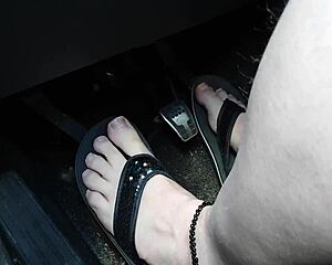 barefoot babe in flip flops driving